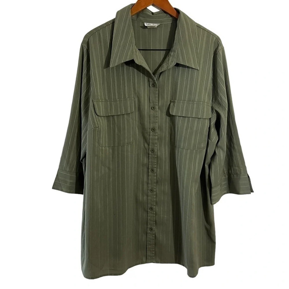 Fred David Button Up Shirt 22W Green Striped Front Pockets 3/4 Sleeves Collared - Picture 1 of 6